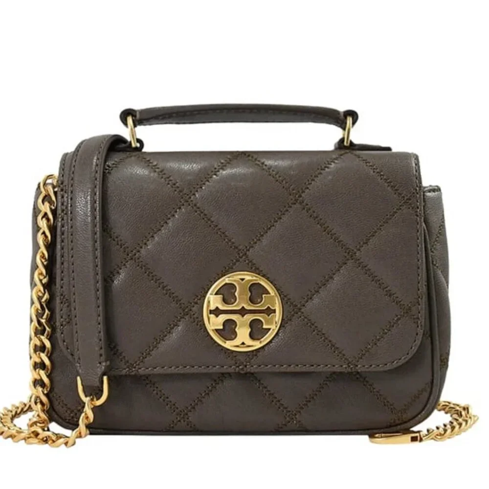 Tory Burch Willa Mini Top Handle Bag Volcanic Stone Quilted Leather